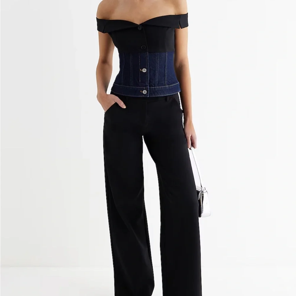 Express Denim Twill Off The Shoulder Faux Button Front Corset Top - Picture 6 of 15